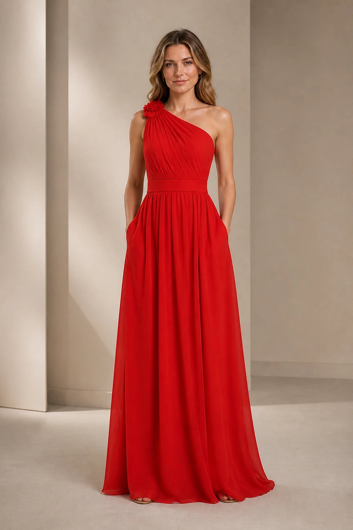 Romantic A-Line One Shoulder Sleeveless Open Back Long Bridesmaid Dress