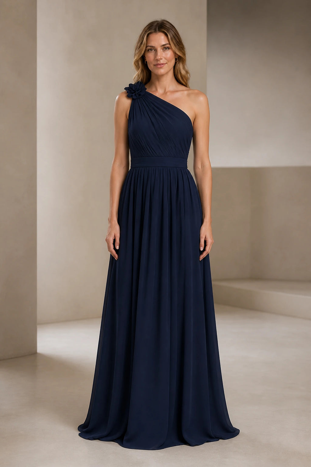 Romantic A-Line One Shoulder Sleeveless Open Back Long Bridesmaid Dress