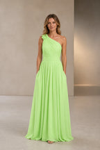 Romantic A-Line One Shoulder Sleeveless Open Back Long Bridesmaid Dress