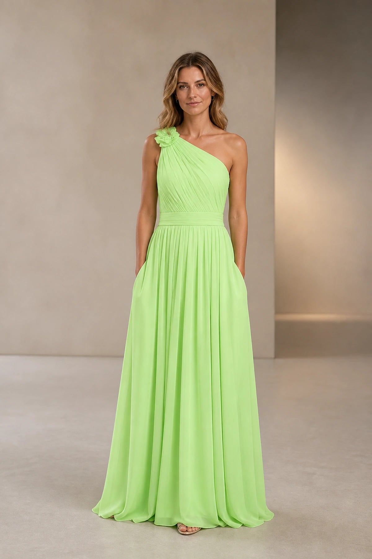 Romantic A-Line One Shoulder Sleeveless Open Back Long Bridesmaid Dress