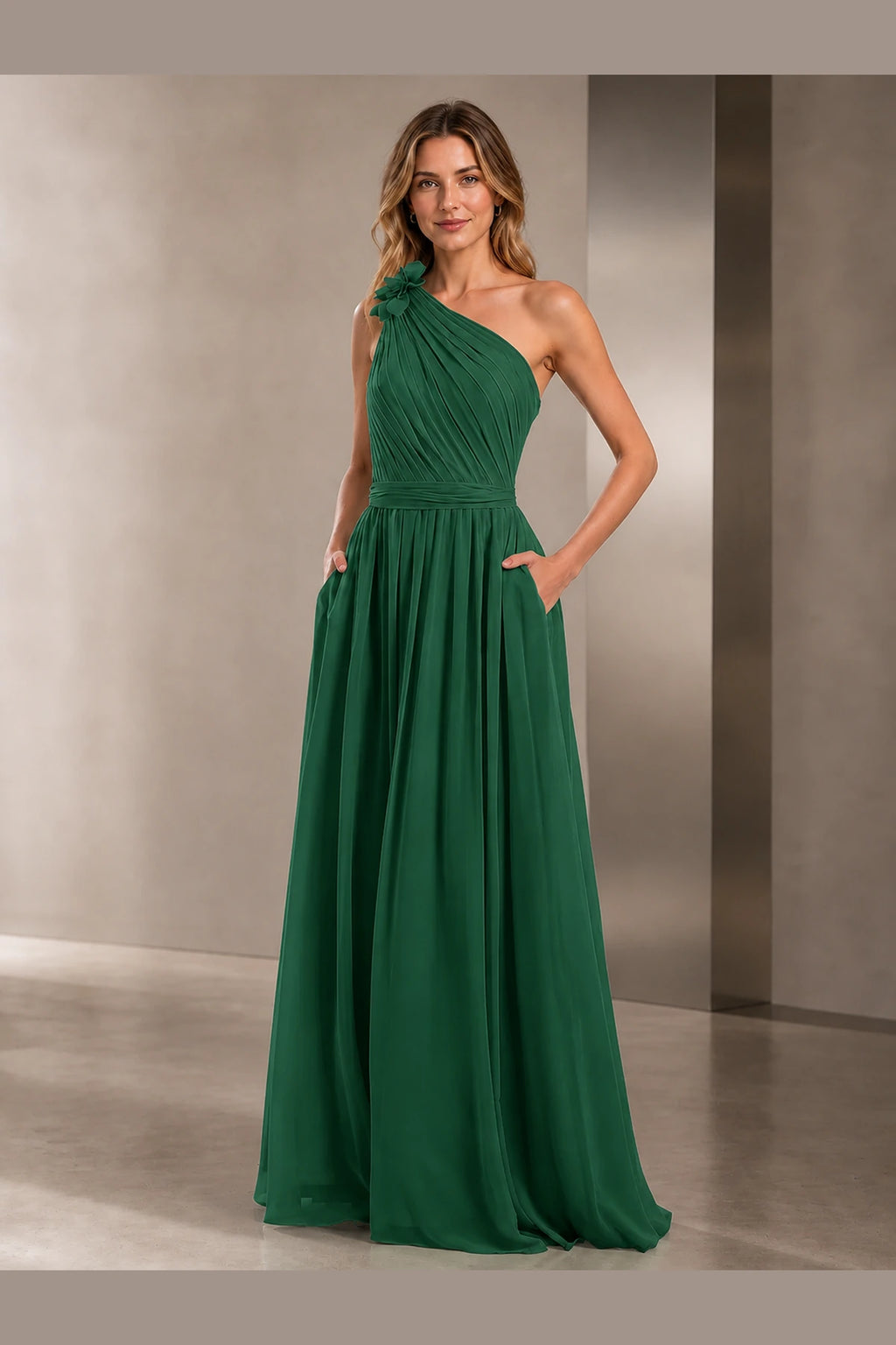 Romantic A-Line One Shoulder Sleeveless Open Back Long Bridesmaid Dress