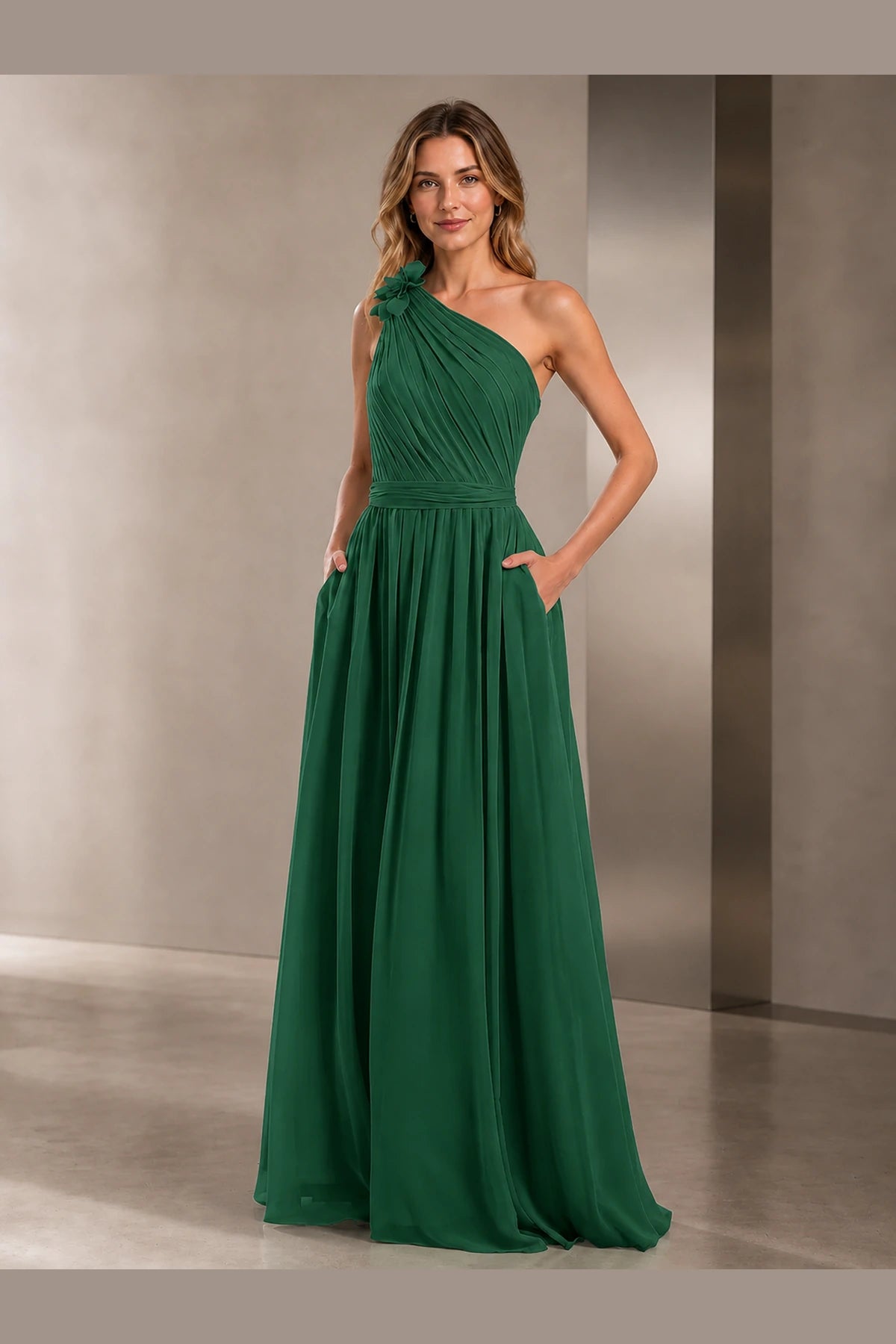 Romantic A-Line One Shoulder Sleeveless Open Back Long Bridesmaid Dress