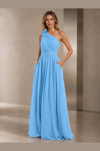Romantic A-Line One Shoulder Sleeveless Open Back Long Bridesmaid Dress