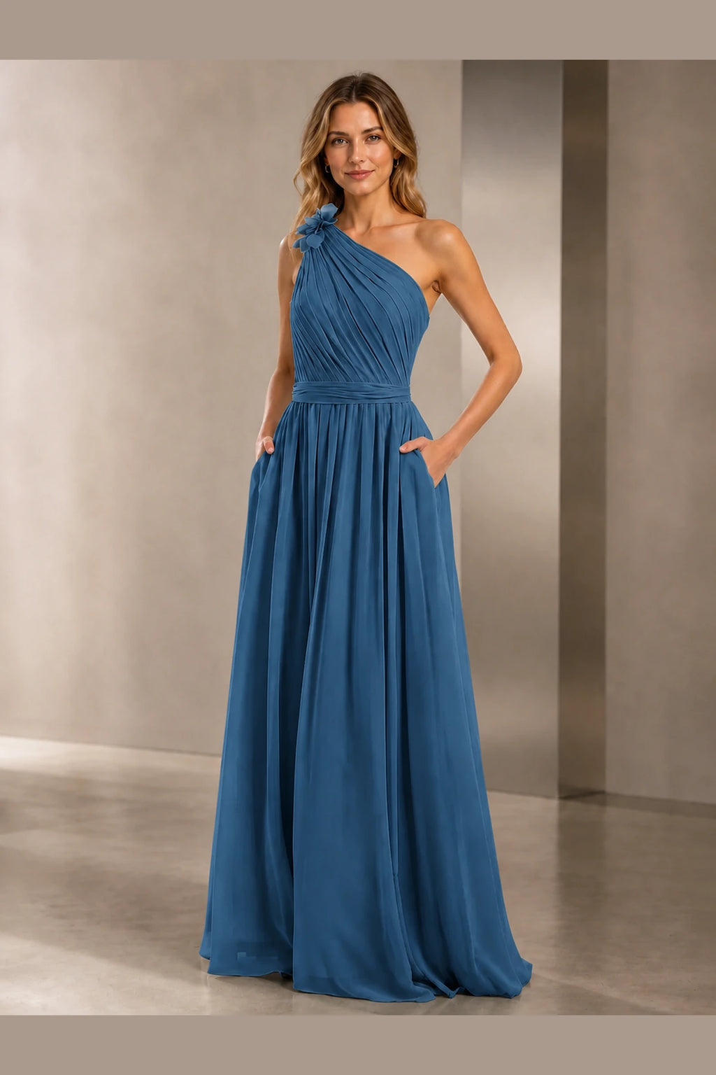 Romantic A-Line One Shoulder Sleeveless Open Back Long Bridesmaid Dress