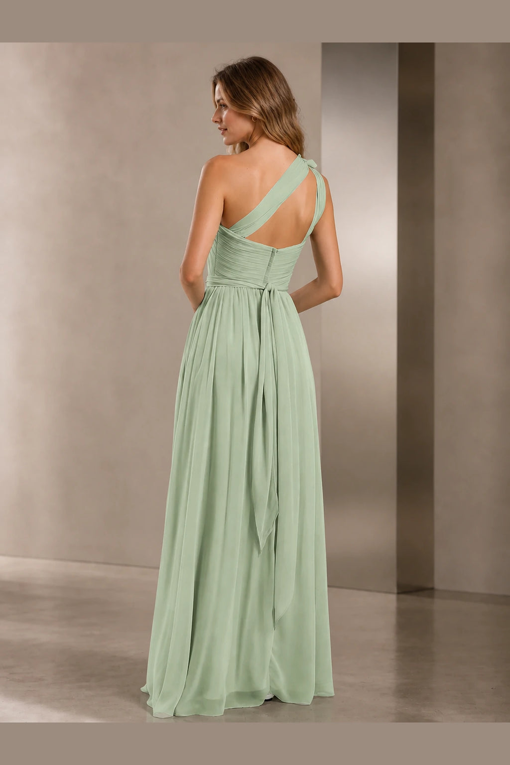 Sage green one shoulder A-line bridesmaid dress with floral detail and open back by Vedress
