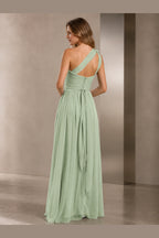 Sage green one shoulder A-line bridesmaid dress with floral detail and open back by Vedress