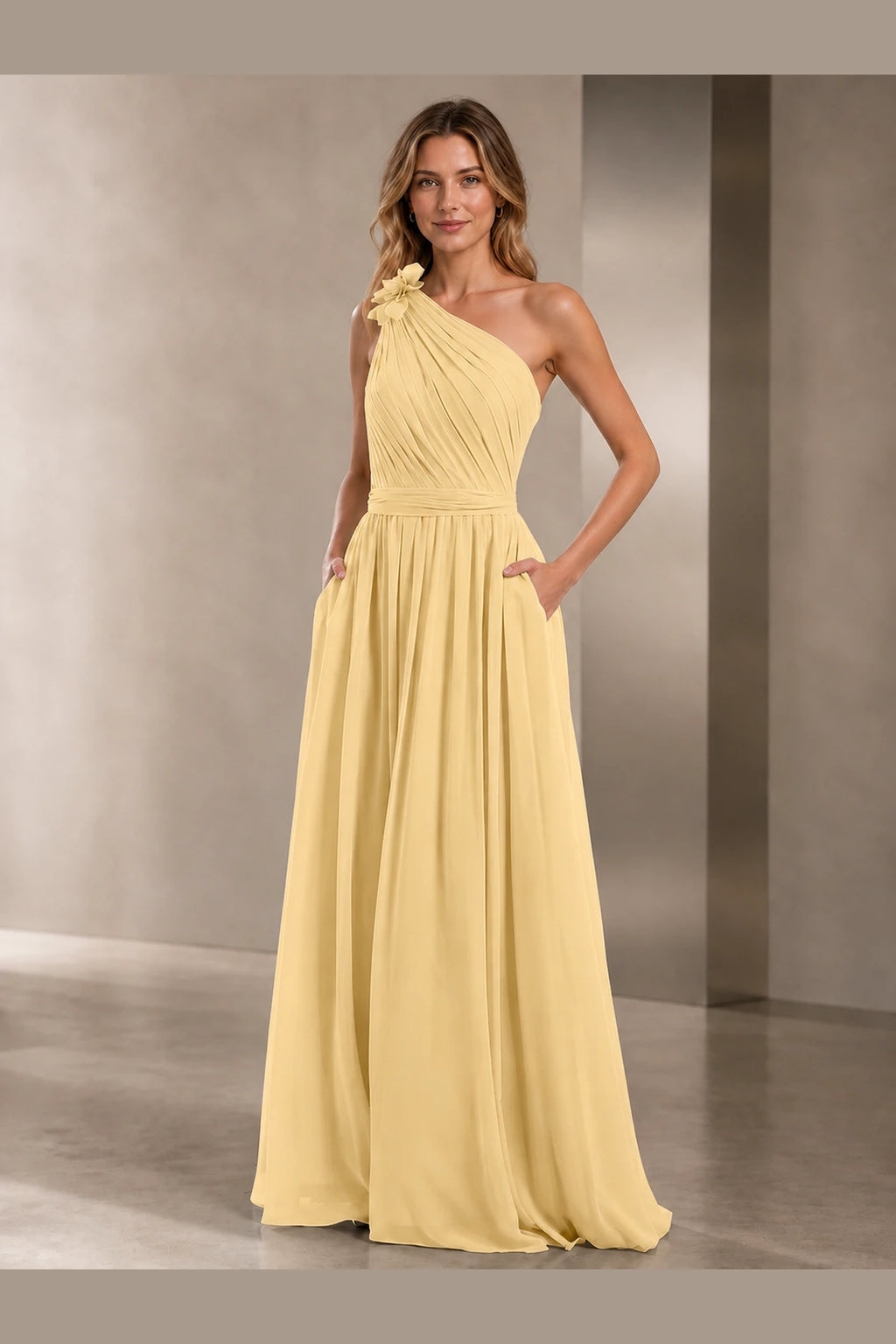 Romantic A-Line One Shoulder Sleeveless Open Back Long Bridesmaid Dress