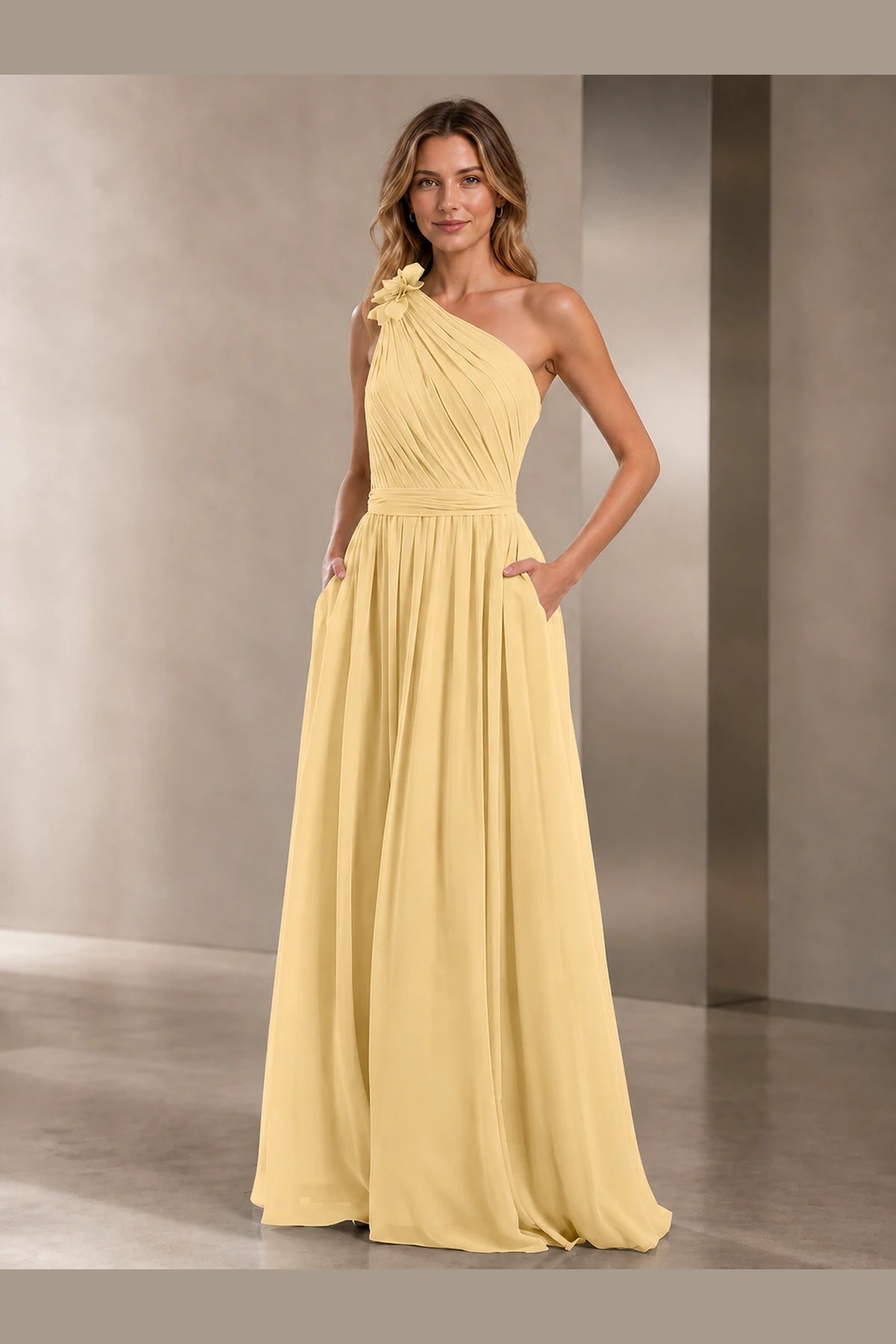 Romantic A-Line One Shoulder Sleeveless Open Back Long Bridesmaid Dress