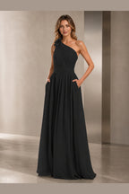 Romantic A-Line One Shoulder Sleeveless Open Back Long Bridesmaid Dress