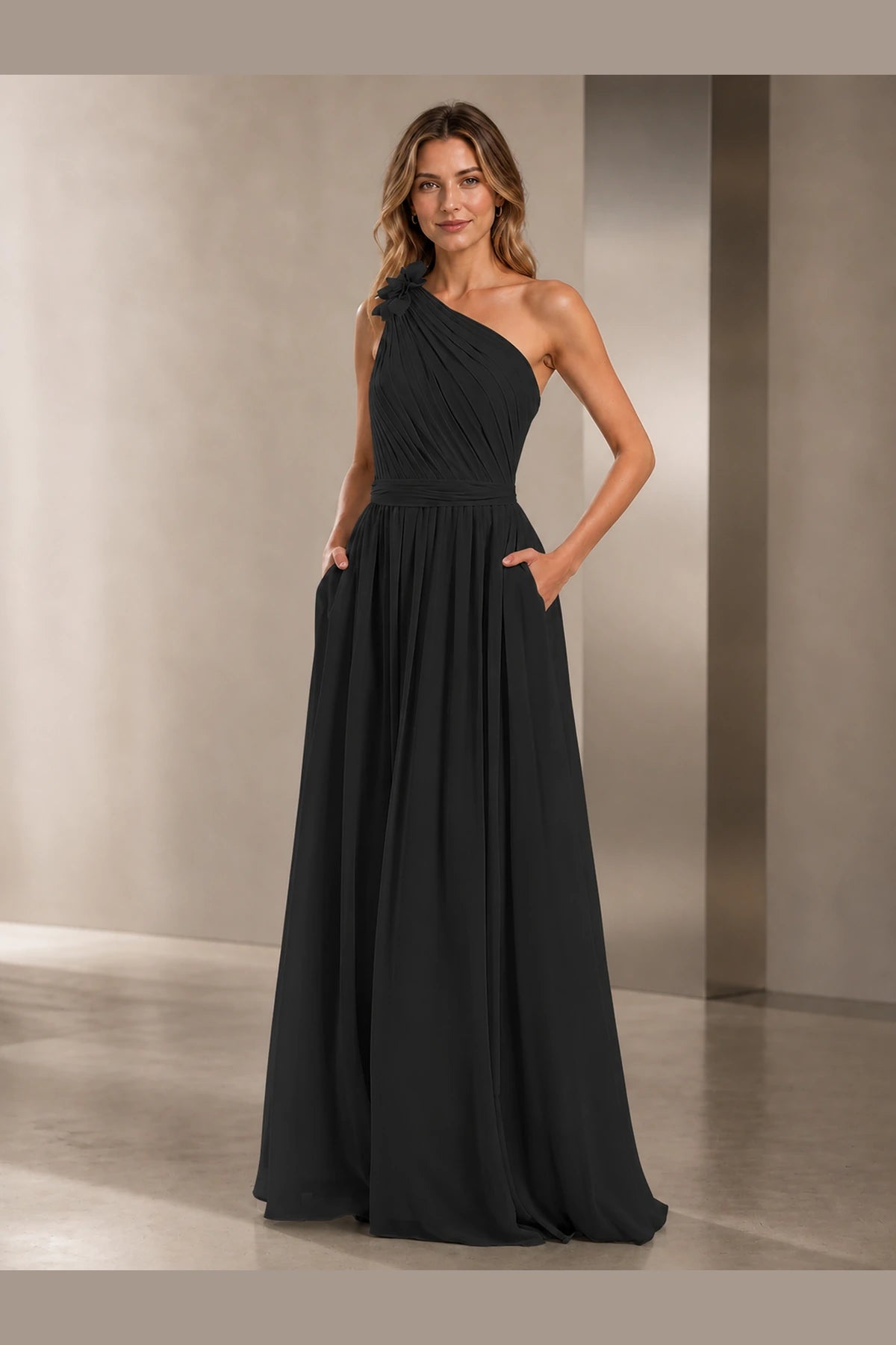 Romantic A-Line One Shoulder Sleeveless Open Back Long Bridesmaid Dress