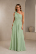Romantic A-Line One Shoulder Sleeveless Open Back Long Bridesmaid Dress