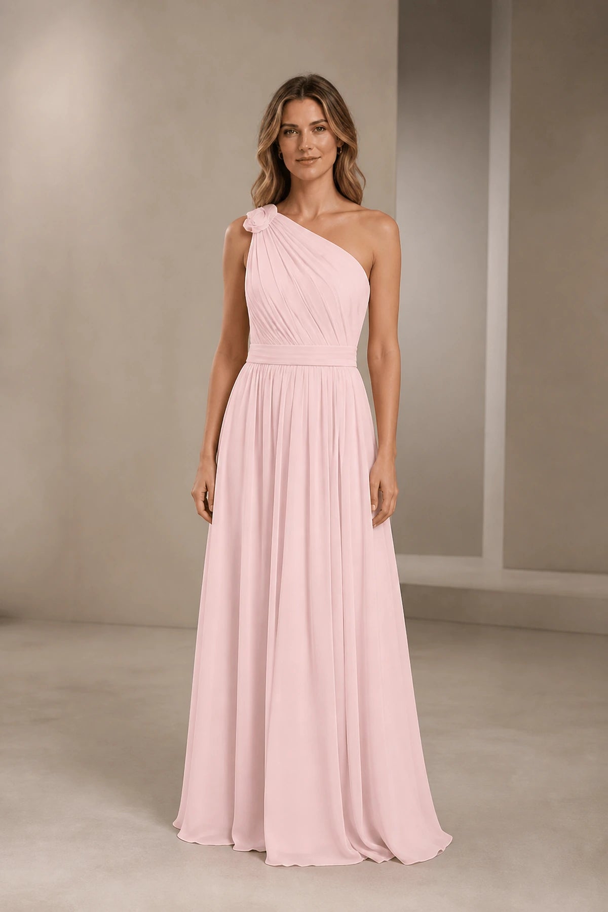 Romantic A-Line One Shoulder Sleeveless Open Back Long Bridesmaid Dress