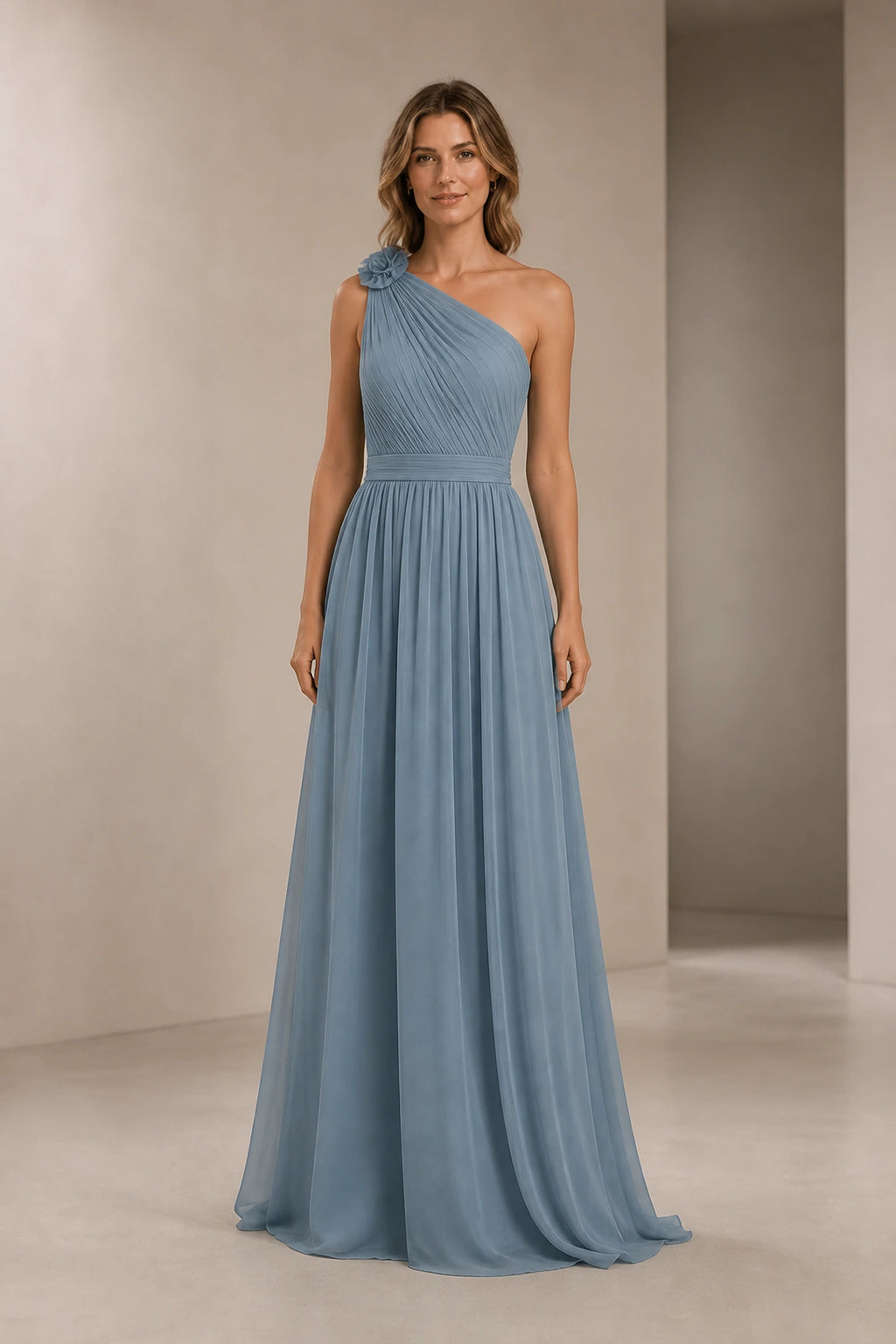 Romantic A-Line One Shoulder Sleeveless Open Back Long Bridesmaid Dress