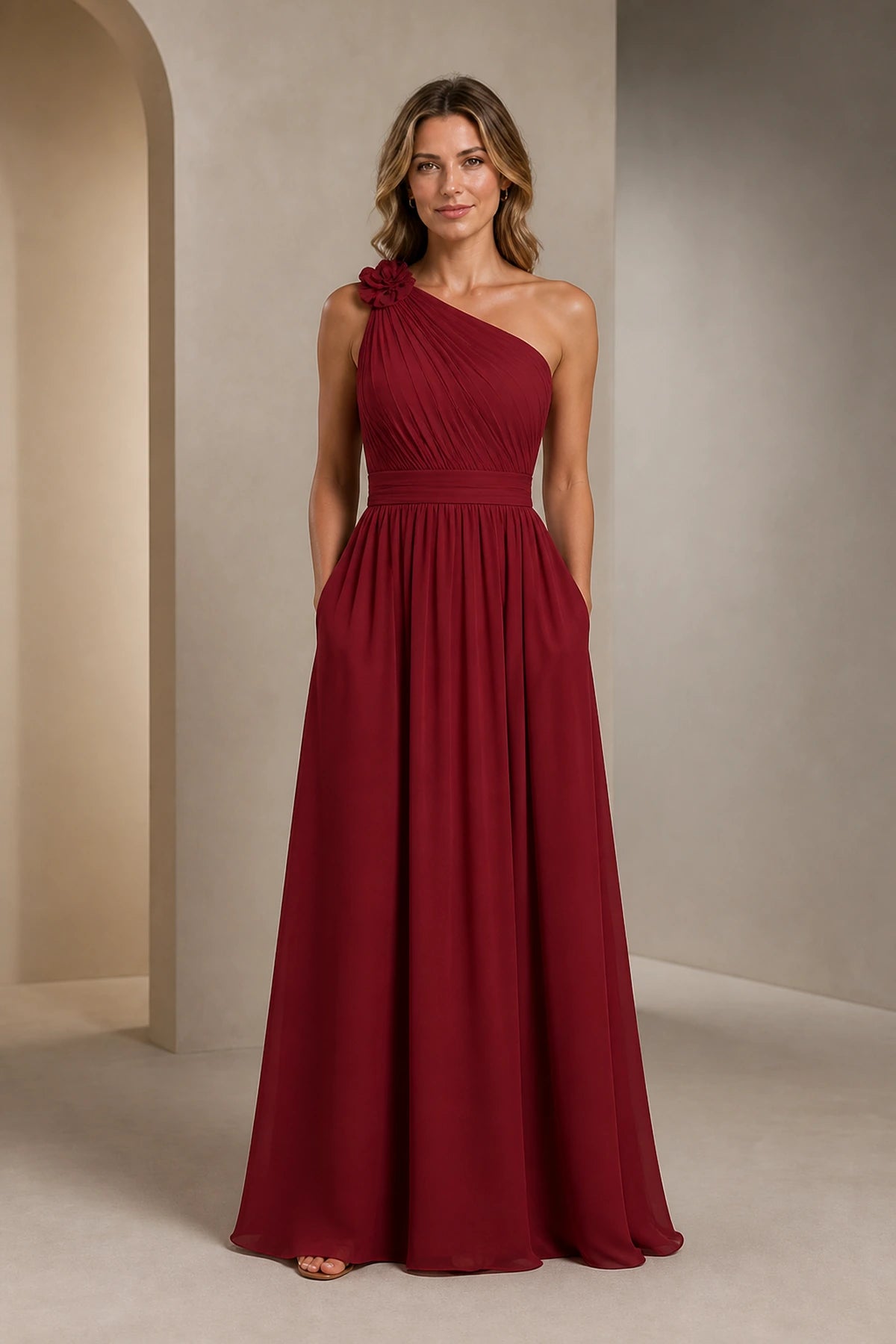 Romantic A-Line One Shoulder Sleeveless Open Back Long Bridesmaid Dress