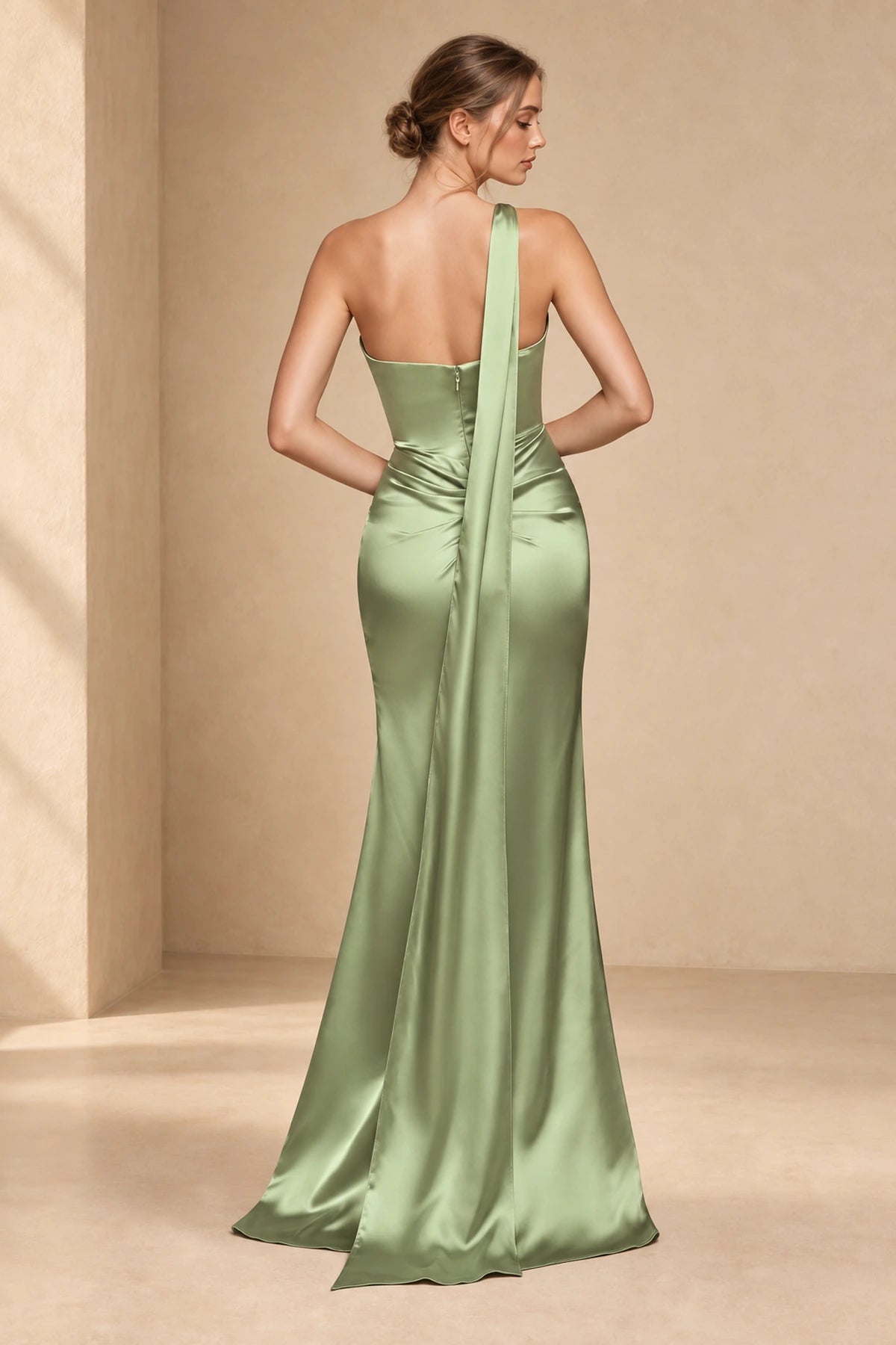 Sage green satin prom dress with open back and long draped sash detail