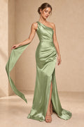 Sage green satin one shoulder prom dress with ruched waist, side slit and floor length skirt