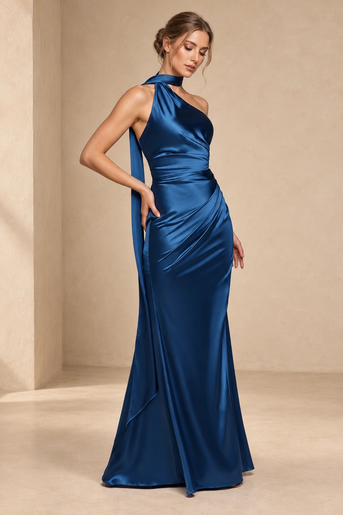 Elegant One Shoulder Sleeveless Ruched Back Floor Length Prom Dress