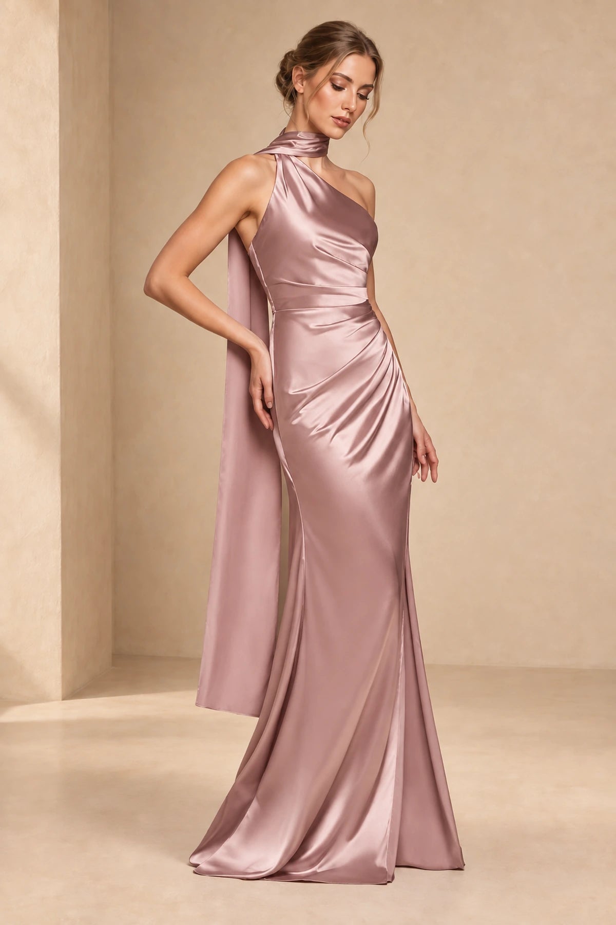 Elegant One Shoulder Sleeveless Ruched Back Floor Length Prom Dress