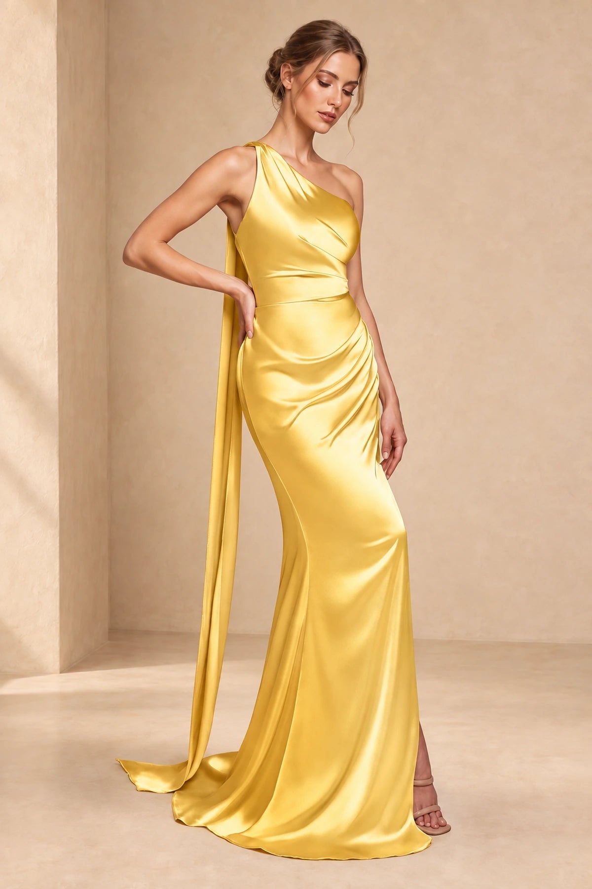 Elegant One Shoulder Sleeveless Ruched Back Floor Length Prom Dress