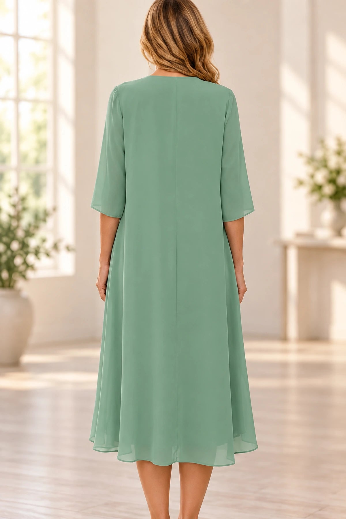 Back view of sage green Mother of the Bride Dress with closed back, half sleeves and flowing tea-length layered skirt