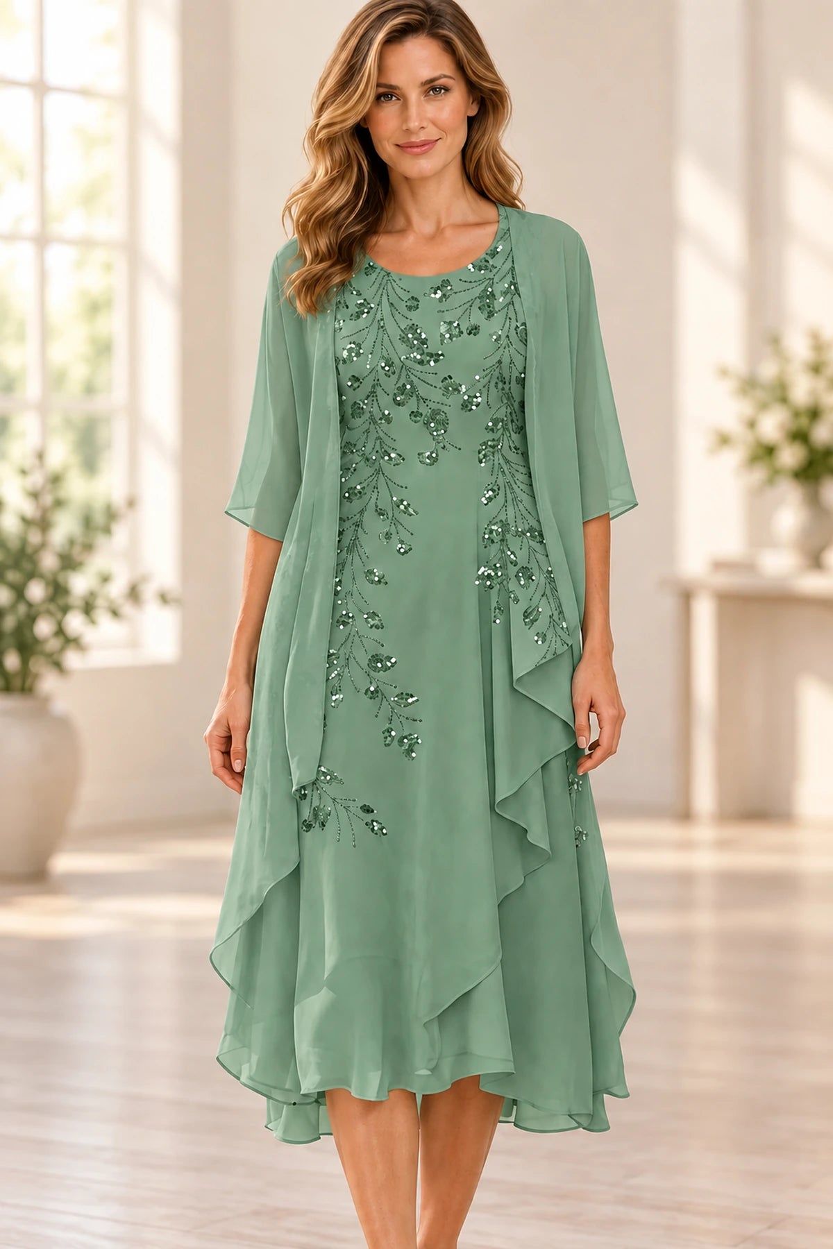 Sage green A-line Mother of the Bride Dress with scoop neckline, embellished bodice, half sleeves and layered tea-length skirt