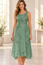 Graceful A-Line Scoop-Neck Half-Sleeve Closed-Back Tea-Length Mother of the Bride Dress