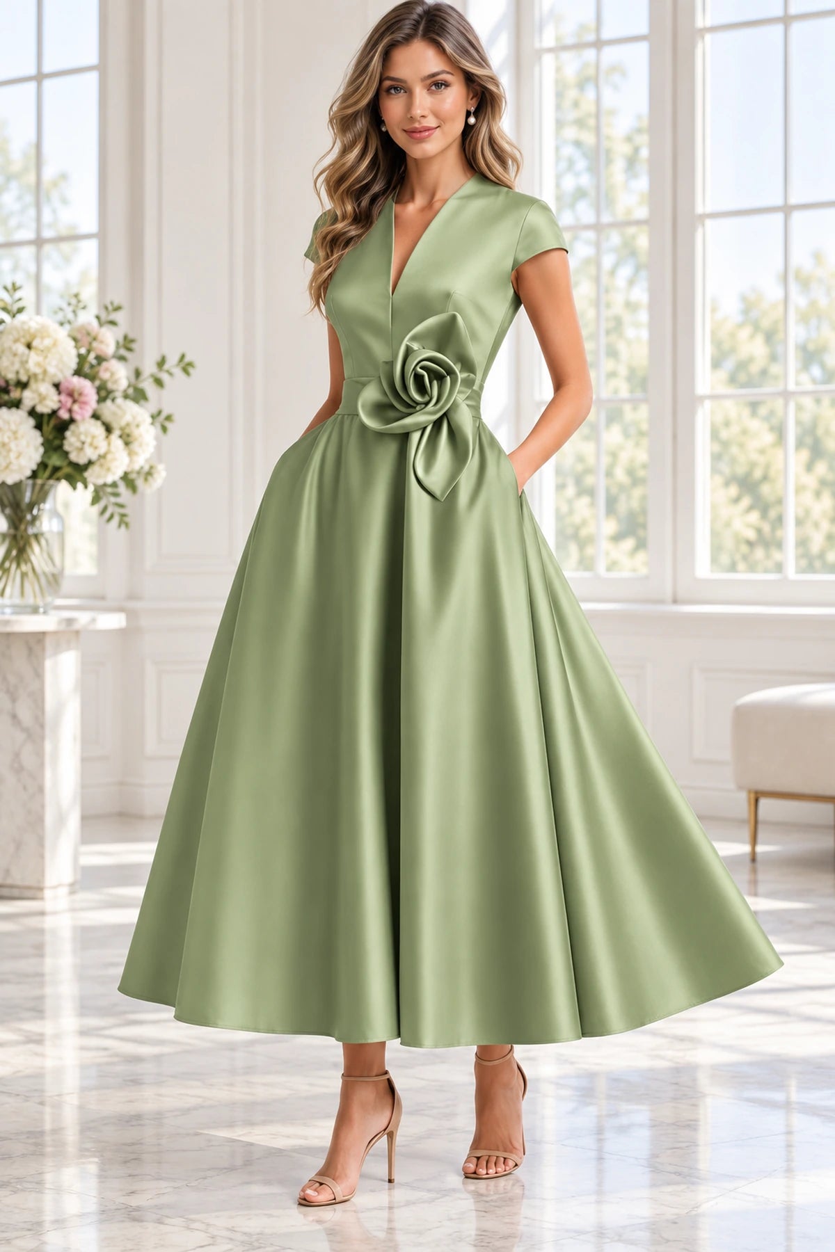 Sage green A-line Mother of the Bride Dress with V-neck cap sleeves and floral waist accent