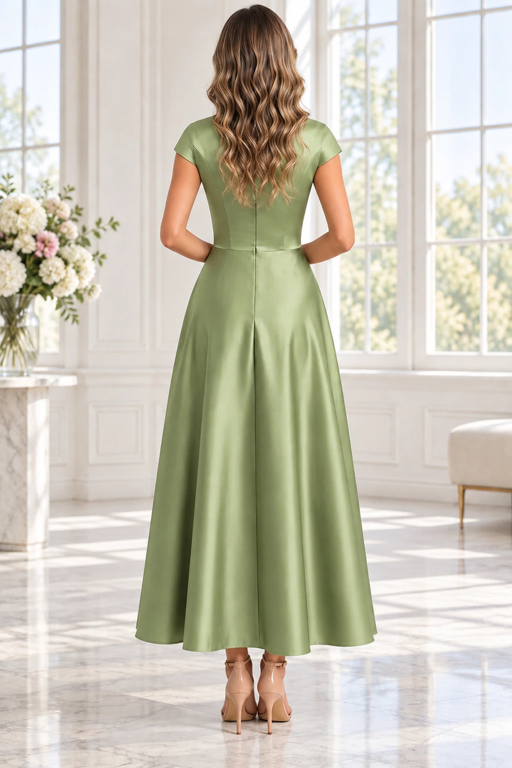 Back view of sage green Mother of the Bride Dress with cap sleeves, center zipper and ankle-length A-line skirt