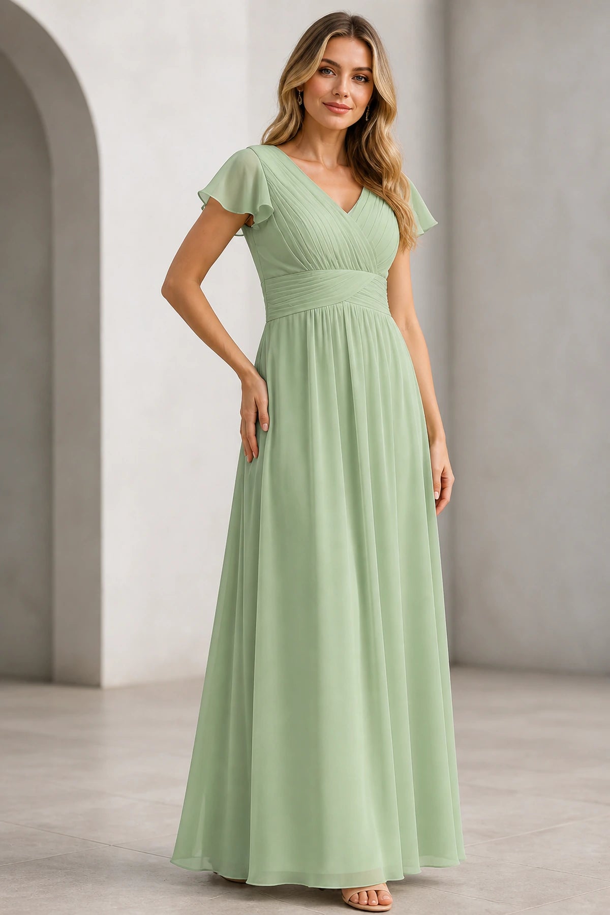 Sage green A-line V-neck flutter sleeve long Mother of the Bride dress with pleated waist and V-back, front and back view by Vedress