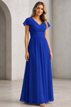 Refined A-Line V-Neck Flutter Sleeve V-Back Long Mother of the Bride Dress