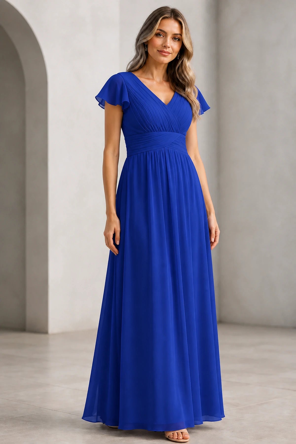 Refined A-Line V-Neck Flutter Sleeve V-Back Long Mother of the Bride Dress