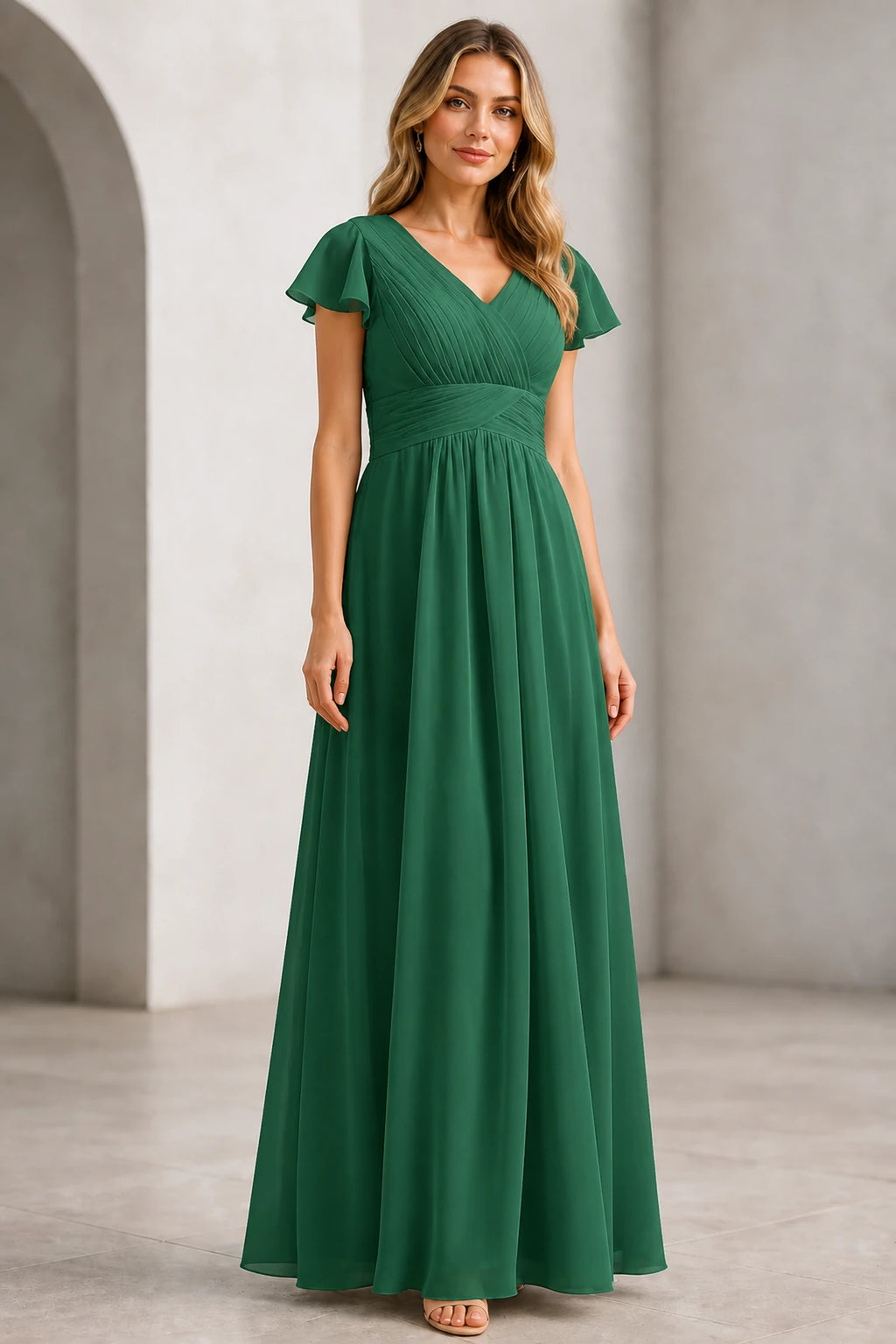 Refined A-Line V-Neck Flutter Sleeve V-Back Long Mother of the Bride Dress