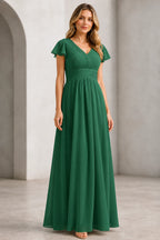 Refined A-Line V-Neck Flutter Sleeve V-Back Long Mother of the Bride Dress