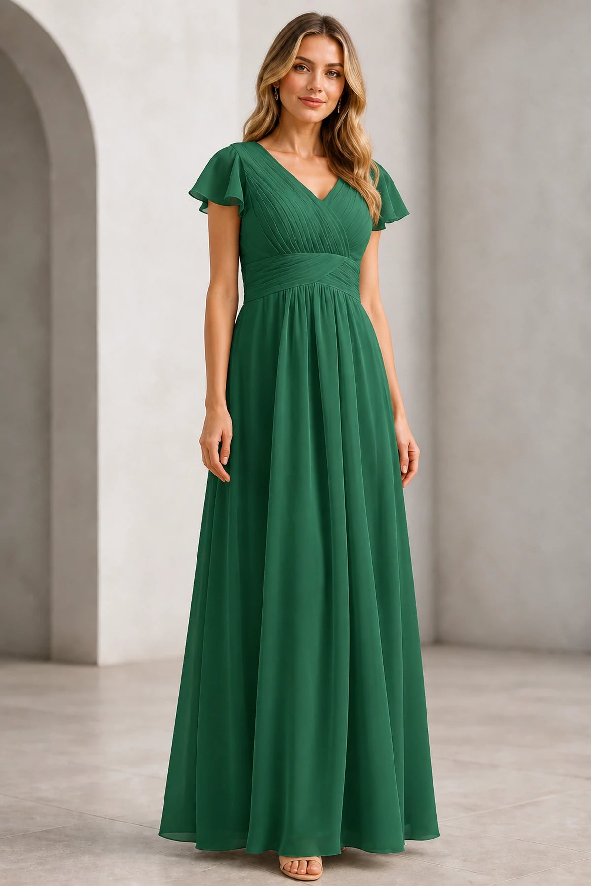Refined A-Line V-Neck Flutter Sleeve V-Back Long Mother of the Bride Dress