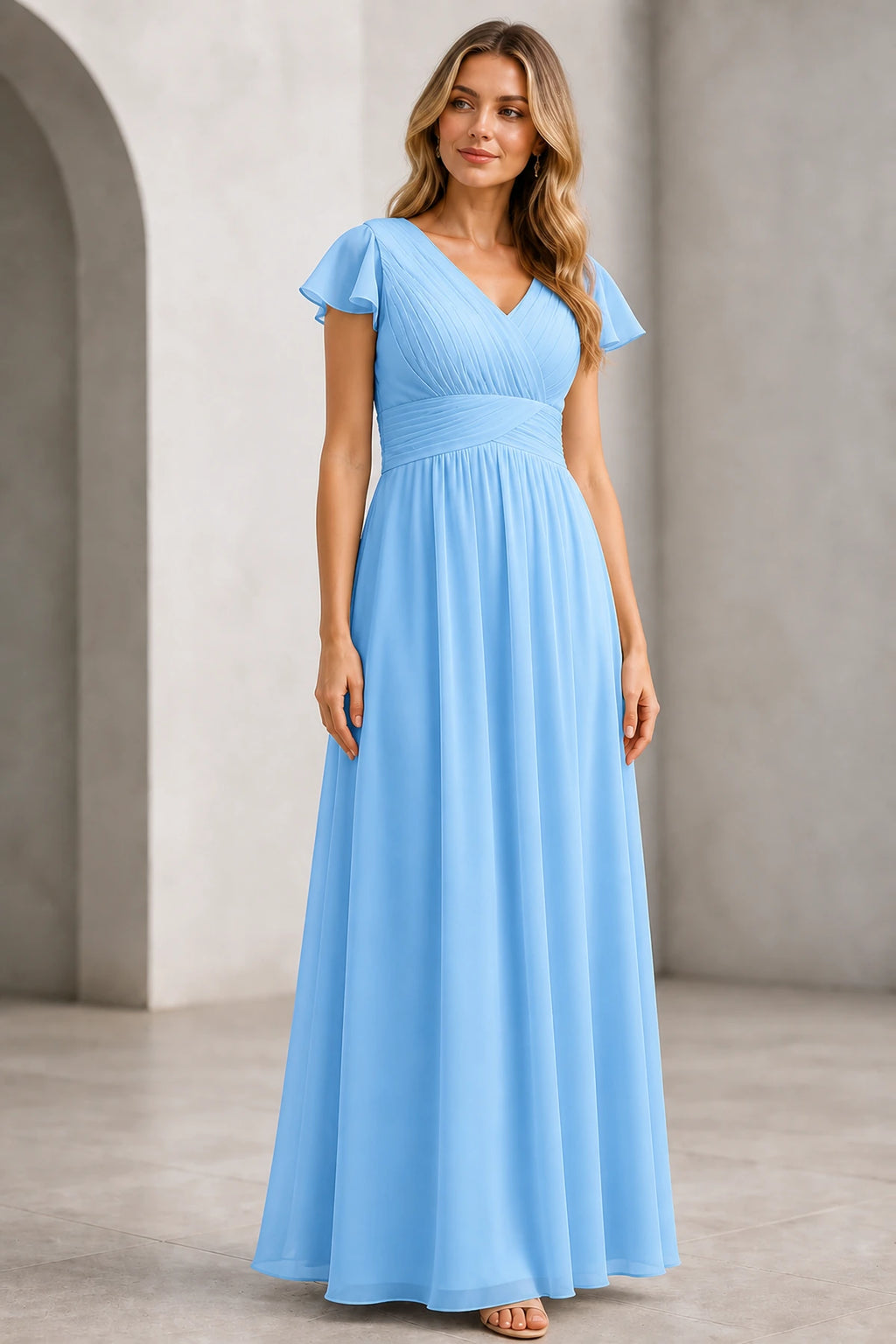 Refined A-Line V-Neck Flutter Sleeve V-Back Long Mother of the Bride Dress