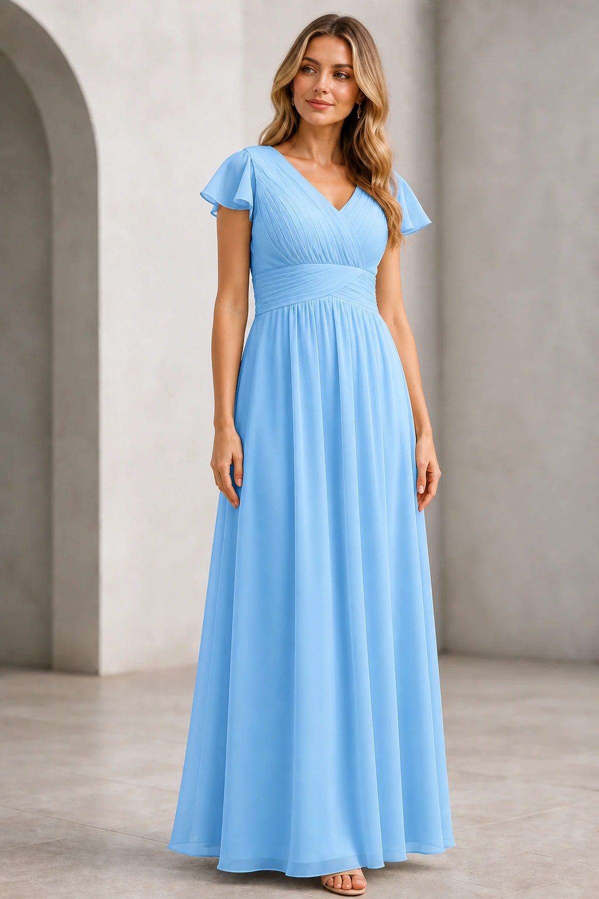 Refined A-Line V-Neck Flutter Sleeve V-Back Long Mother of the Bride Dress