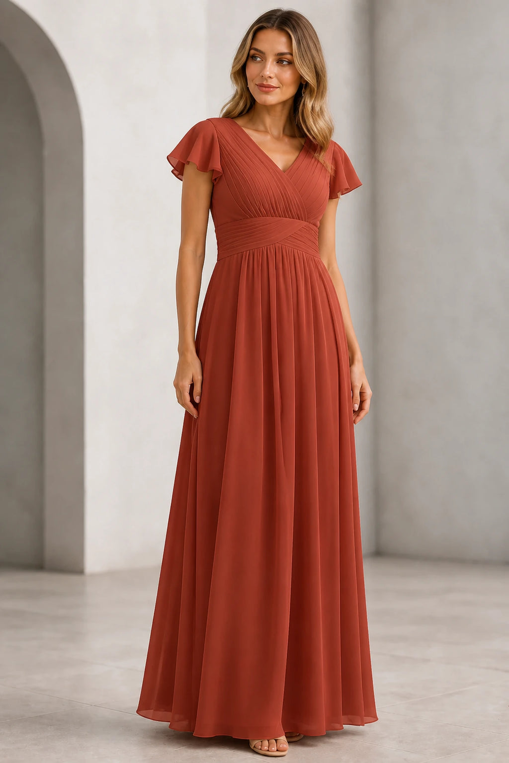 Refined A-Line V-Neck Flutter Sleeve V-Back Long Mother of the Bride Dress