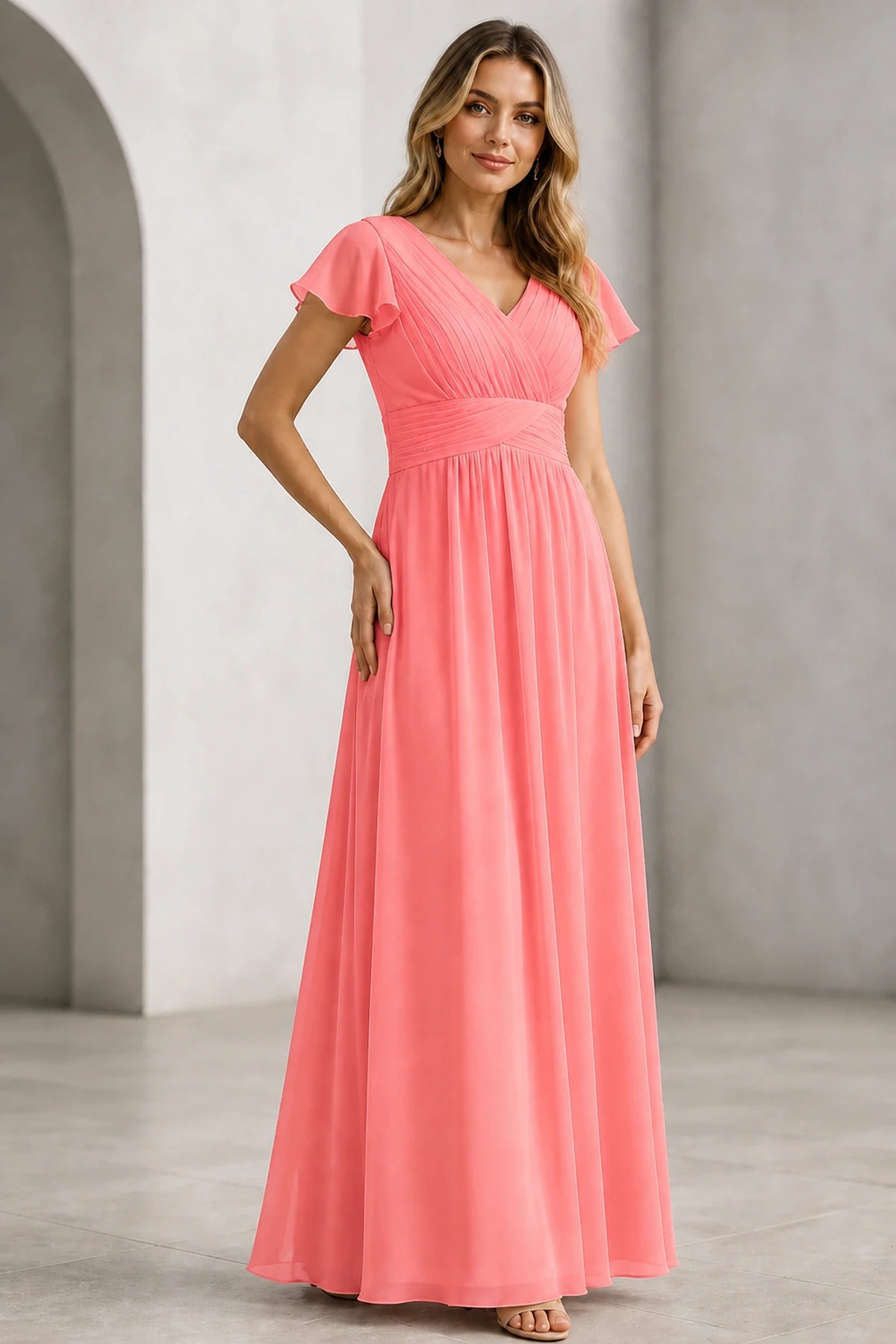 Refined A-Line V-Neck Flutter Sleeve V-Back Long Mother of the Bride Dress