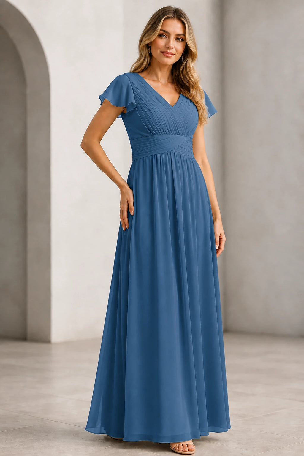 Refined A-Line V-Neck Flutter Sleeve V-Back Long Mother of the Bride Dress