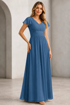 Refined A-Line V-Neck Flutter Sleeve V-Back Long Mother of the Bride Dress