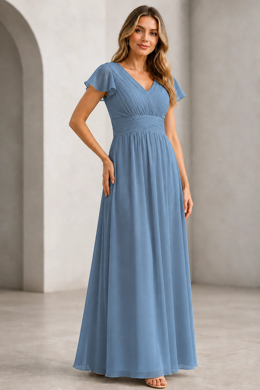 Refined A-Line V-Neck Flutter Sleeve V-Back Long Mother of the Bride Dress