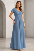 Refined A-Line V-Neck Flutter Sleeve V-Back Long Mother of the Bride Dress