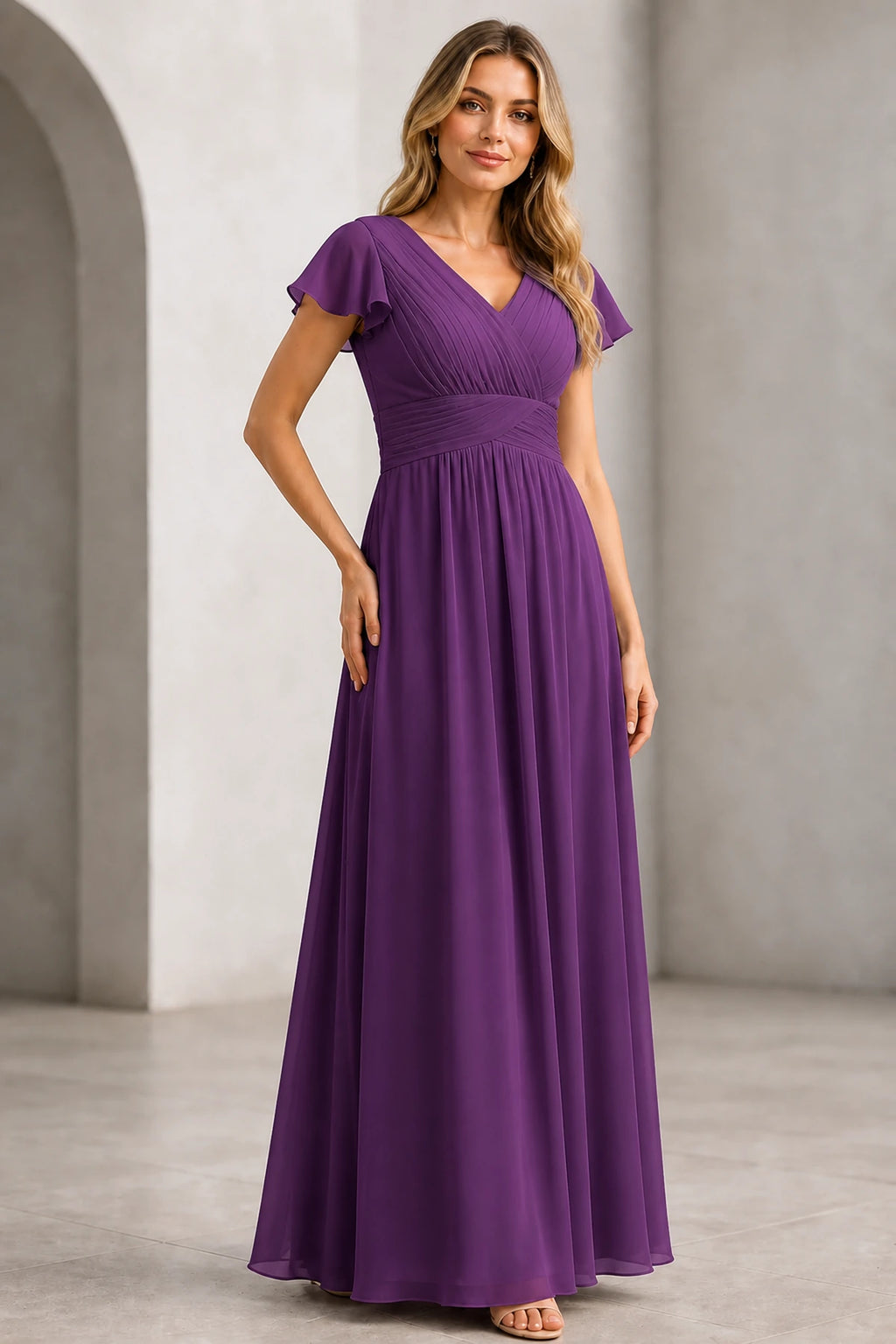 Refined A-Line V-Neck Flutter Sleeve V-Back Long Mother of the Bride Dress