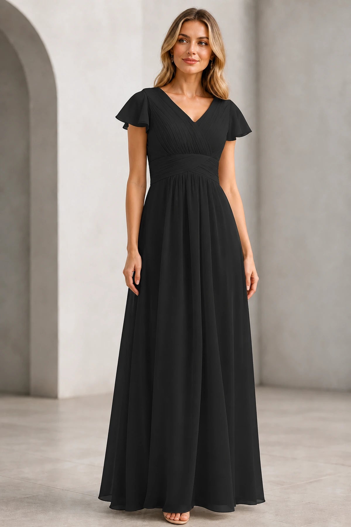 Refined A-Line V-Neck Flutter Sleeve V-Back Long Mother of the Bride Dress