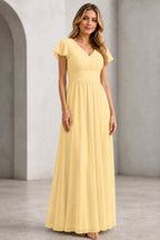 Refined A-Line V-Neck Flutter Sleeve V-Back Long Mother of the Bride Dress