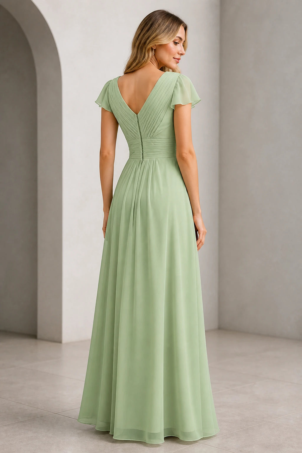 Sage green A-line V-neck flutter sleeve long Mother of the Bride dress with pleated waist and V-back, front and back view by Vedress