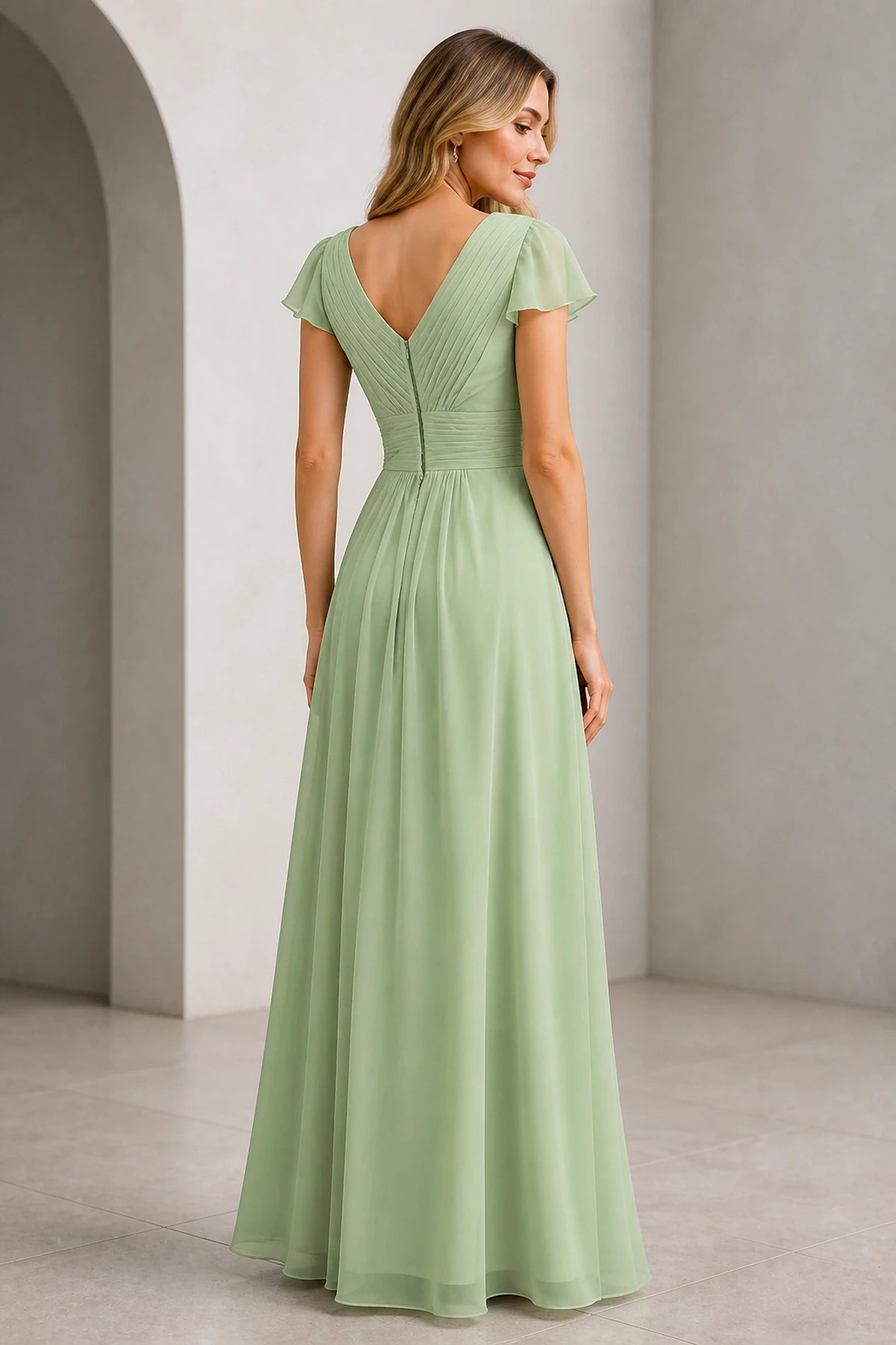 Sage green A-line V-neck flutter sleeve long Mother of the Bride dress with pleated waist and V-back, front and back view by Vedress