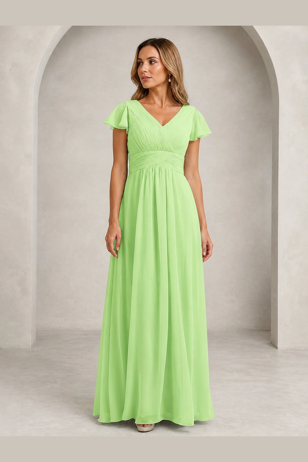 Refined A-Line V-Neck Flutter Sleeve V-Back Long Mother of the Bride Dress