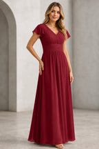 Refined A-Line V-Neck Flutter Sleeve V-Back Long Mother of the Bride Dress