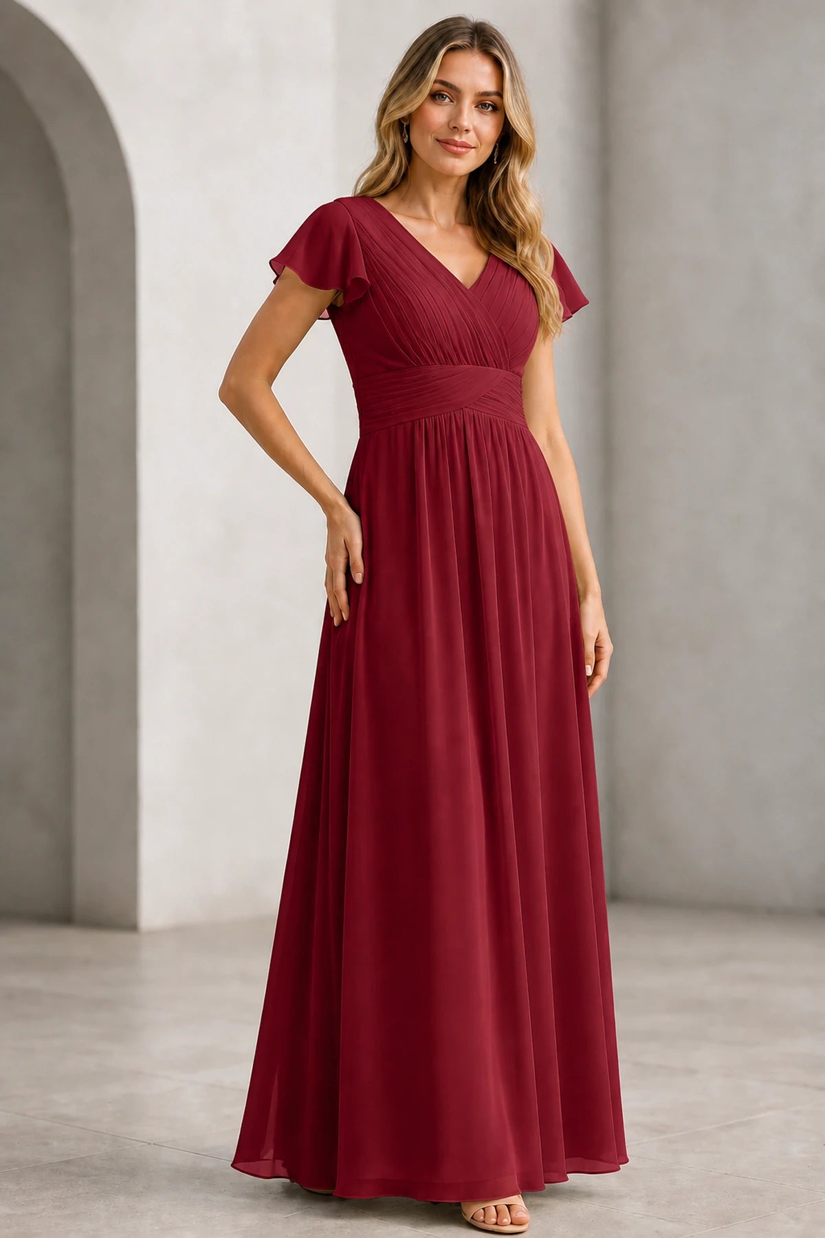 Refined A-Line V-Neck Flutter Sleeve V-Back Long Mother of the Bride Dress
